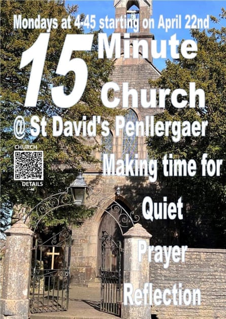 Flyer with Church in the background reading: Monday at 4:45pm starting 22 April 15 minute church services