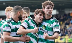 Paulo Bernardo at the centre of Celtic celebrations after scoring his side’s second goal against Livingston
