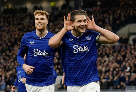 Everton's James Tarkowski (right) celebrates alongside Jake O’Brien after opening the scoring against Burnley.