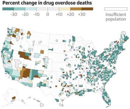 US county-level opioid overdose map. Guardian Design.