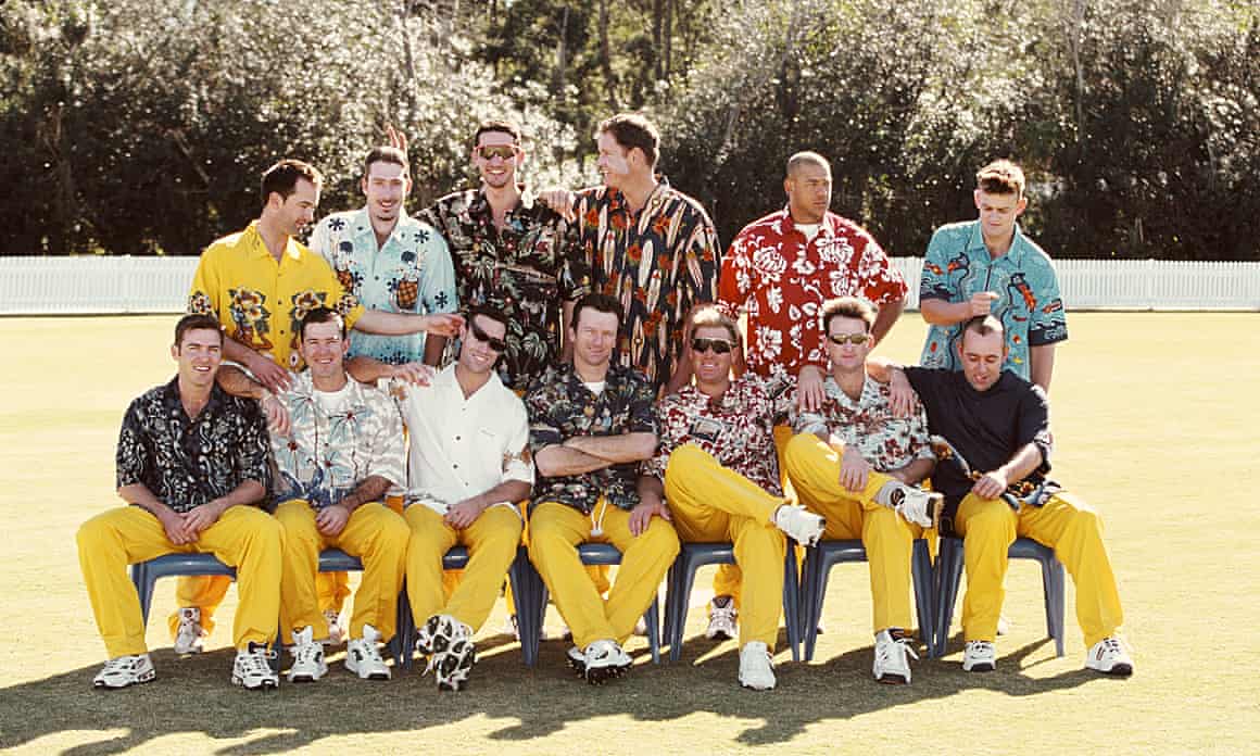 Hawaiian shirts formed the ‘tour uniform’ in Brisbane for, (back row; left to right) Adam Dale, Damian Fleming, Jason Gillespie, Tom Moody, Andrew Symonds and Adam Gilchrist, (front row left to right) Damian Martyn, Ricky Ponting, Michael Bevan, Steve Waugh, Shane Warne, Mark Waugh and Darren Lehmann