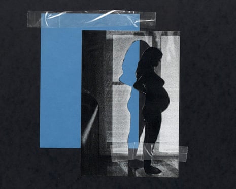 Collage of a silhouetted pregnant figure layered with blue geometric shapes and transparent tape