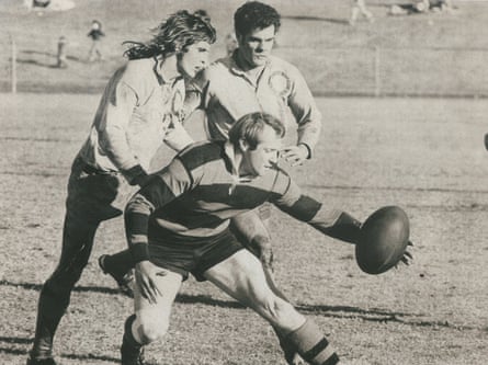 Black and white photo of Terry Strong playing rugby
