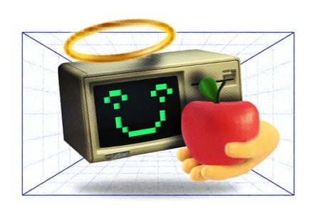 Illustration of a computer with a halo holding out an apple