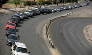 Cars stand in line at the Cordova bridge at the Mexico-US border to enter into El Paso, Texas, in Ciudad Juarez, Mexico.