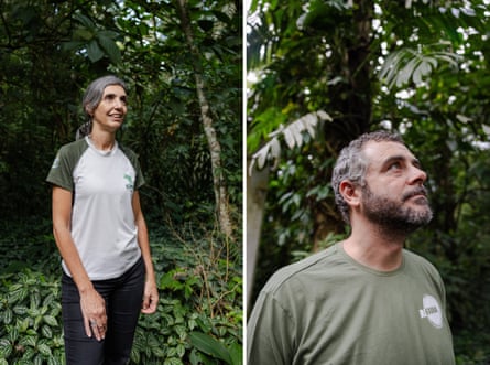 Composite image of a woman and a man, both in a forest