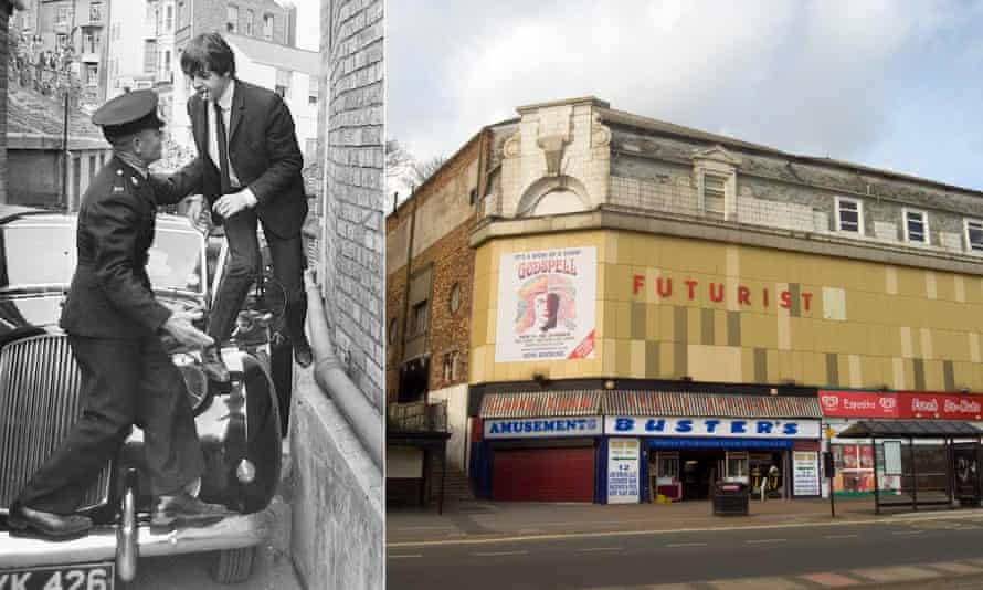 Paul McCartney arrives at the Scarborough Futurist for a Beatles gig in 1964, and the theatre exterior in 2008.