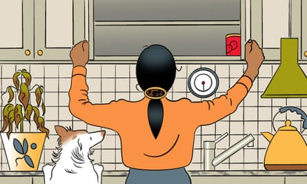 illustration of woman looking in bare cupboards