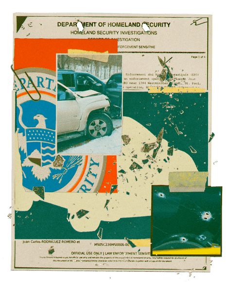 Collage of a Department of Homeland Security Investigations report, overlaid with a DHS seal, a photograph of a damaged vehicle, shattered glass and a close-up photograph of several bullet holes in glass.