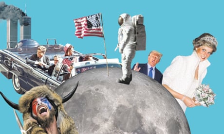 Illustration for a feature on conspiracy theories, showing a moon landing, 9/11, JFK’s assassination, the Capitol riot, Donald Trump and Diana, Princess of Wales