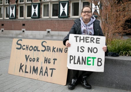 Young climate activist Lilly Platt in front of city hall in Zeist, the Netherlands,  where she does her weekly sit-in