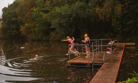 A group of wild swimming ladies take a dip in the pools of Hampstead Heath.