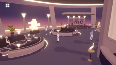 D-topia screenshot. People scattered around a bar with soothing lighting. Robot bartenders.