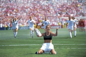 Brandi Chastain celebrates after scoring winning penalty in the 1999 World Cup final.
