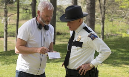 Right side of the law: Woody as a small town cop with his director Martin McDonagh on the set of Three Billboards Outside Ebbing, Missouri.