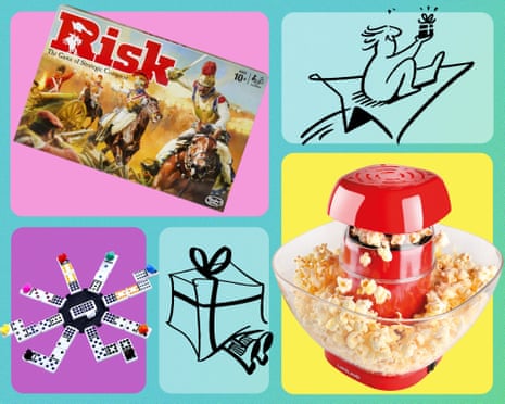 Collage of a Risk board game box, dominoes, a popcorn maker, and gift illustrations