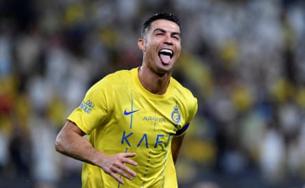 Cristiano Ronaldo celebrates scoring for Al-Nassr against Al-Wehda in May
