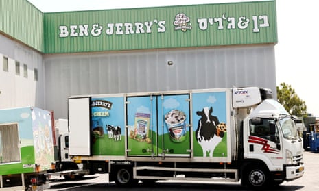 A Ben &amp; Jerry's ice cream delivery truck is seen at a factory in Be'er Tuvia, Israel. Unilever sold its ice cream business in Israel and the West Bank in June.