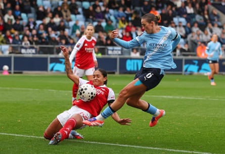 Manchester City’s Grace Clinton shoots at the Arsenal goal.