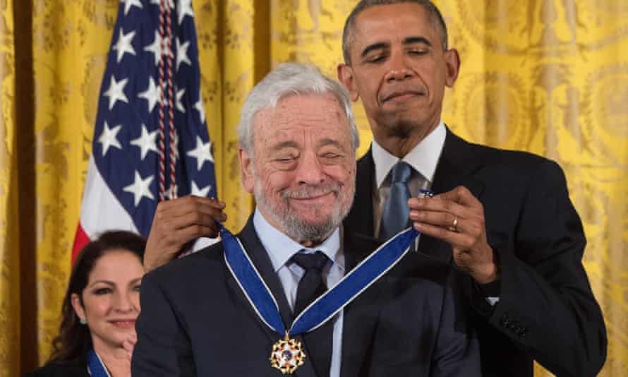 Then-US president Barack Obama presents the presidential medal of freedom to Stephen Sondheim at the White House in Washington, DC, on 24 November 2015.