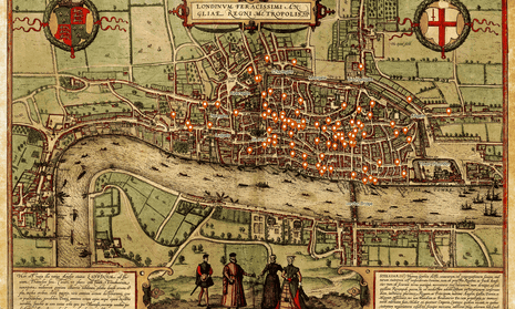 An Elizabethan map with overlaid locations of killings recorded by London coroners in the early 1300s.
