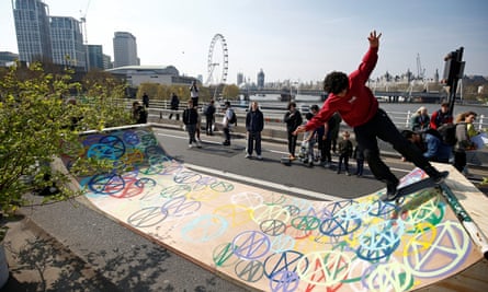 Protesters built a skateboard ramp on the bridge