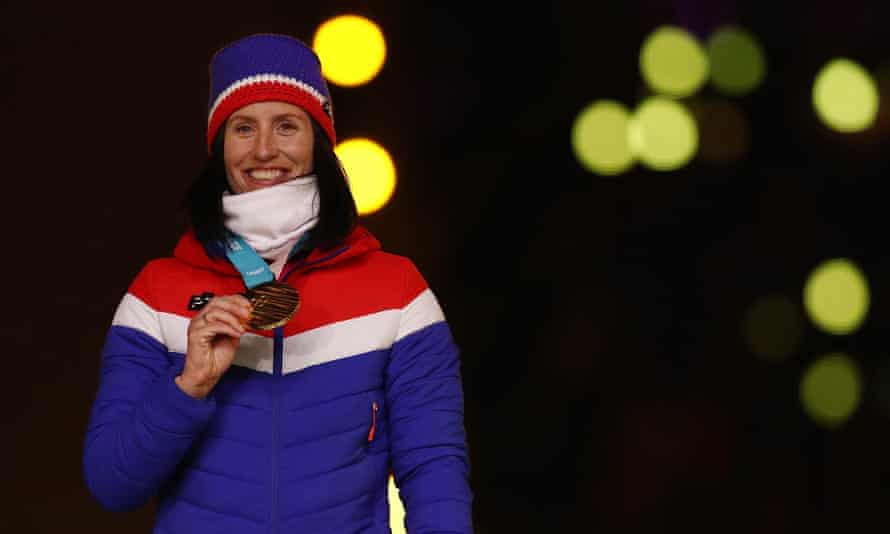 Marit Bjørgen of Norway was rightfully centre-stage during part of the Winter Olympics closing ceremony.