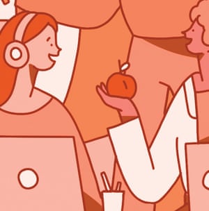 illustration of two workers at a desk with one offering the other an apple