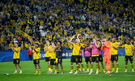 Dortmund’s players greet fans after the Champions League semi-final first leg victory over Paris Saint-Germain.
