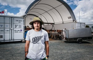 Kauri (Tekaurinui Robert) Parata, of the New Zealand Māori tribe Ngāti Wai, in front of the carving shed at Hihiaua Cultural Centre in Whangarei