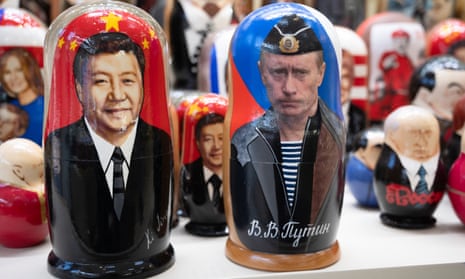 Russian matryoshka dolls with Xi Jinping and Vladimir Putin for sale at a souvenir shop in Moscow