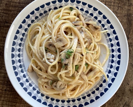 Rachel Roddy’s spaghetti with mushrooms, soft cheese and herbs.