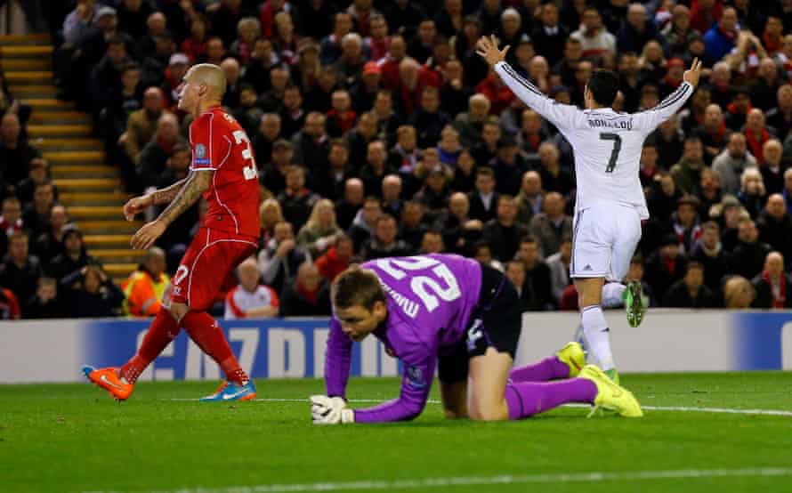 Cristiano Ronaldo celebrates after scoring at Anfield.