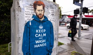 A graffiti by street artist Teachr1 showing Prince Harry wearing a hoodie in Los Angeles.