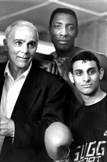 Brendan Ingle with his fighters Johnny Nelson and Naseem Hamed at his Sheffield gym in 1993