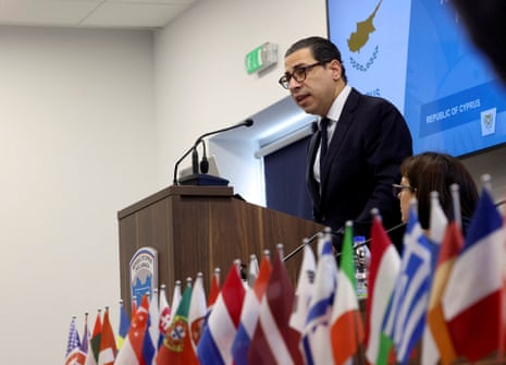 Cyprus’s foreign minister, Constantinos Kombos, speaks on 21 March 2024.