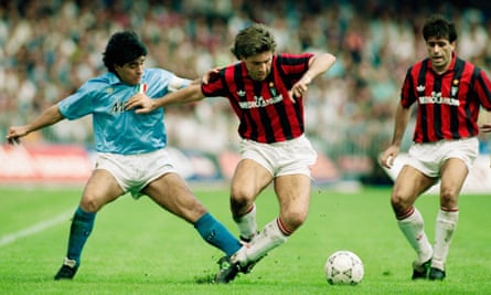 Napoli’s Diego Maradona (left) challenges Carlo Ancelotti of Milan during a Serie A match at San Paolo in October 1990.