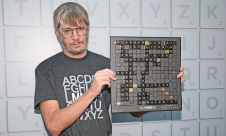 Richards displays the final winning board at the English Scrabble world championships in London.