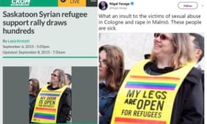 Lasia Kretzel’s original picture of a demonstrator at a pro-refugee rally, alongside the doctored image that Nigel Farage shared.