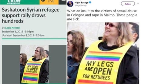Lasia Kretzel’s original picture of a demonstrator at a pro-refugee rally, alongside the doctored image that Nigel Farage shared.