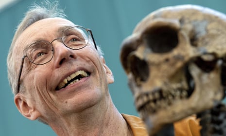 Swedish scientist Svante Pääbo with a replica of a Neanderthal skeleton at the Max Planck Institute for Evolutionary Anthropology in Leipzig, Germany.