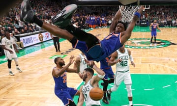 New York Knicks v Boston Celtics - Game One<br>BOSTON, MASSACHUSETTS - MAY 05: OG Anunoby #8 of the New York Knicks dunks the ball against Jayson Tatum #0 of the Boston Celtics in Game One of the Eastern Conference Second Round NBA Playoffs at TD Garden on May 05, 2025 in Boston, Massachusetts. NOTE TO USER: User expressly acknowledges and agrees that, by downloading and or using this photograph, User is consenting to the terms and conditions of the Getty Images License Agreement. (Photo by Maddie Meyer/Getty Images)