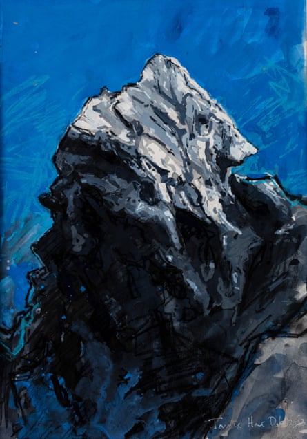 A painting of the pinnacle of a glacier where the ice has completely disappeared