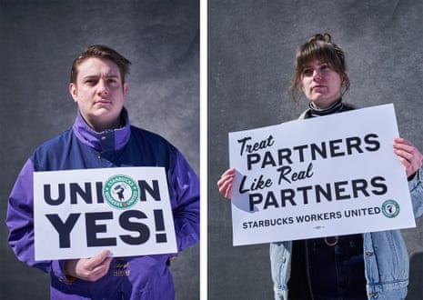 Man in purple jackets holds a “union yes” sign. Right: Woman in a jean jacket holds a sign