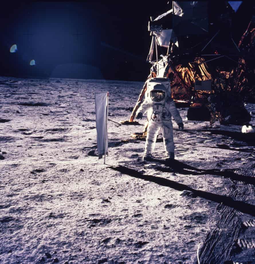 Stunned wonder … Aldrin sets up an experiment into solar wind.