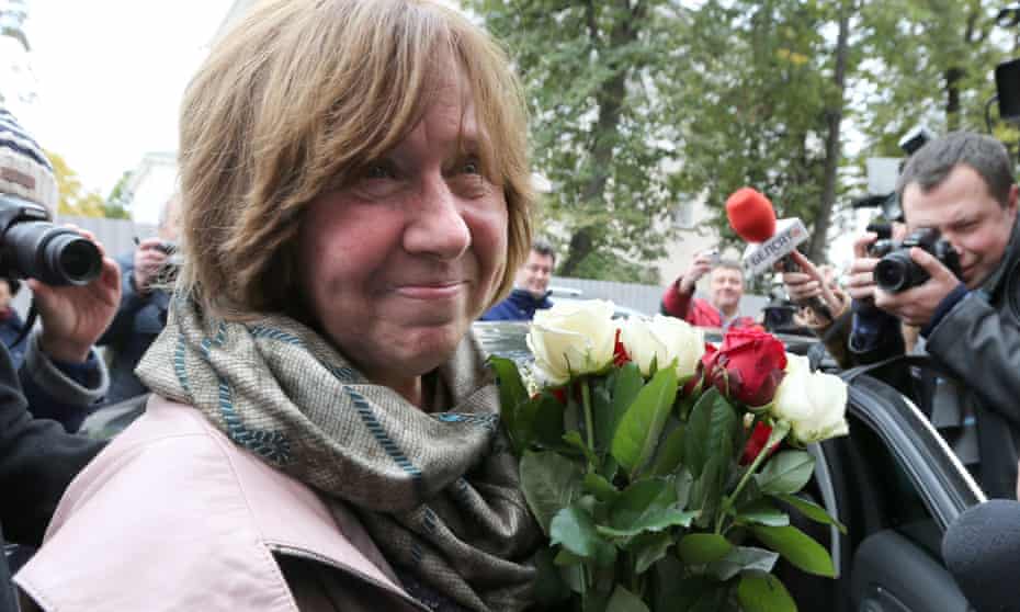 Svetlana Alexievich arrives for a press conference in Minsk following the announcement of her Nobel prize.