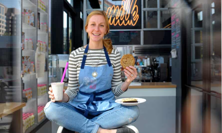 Christina Tosi, with a birthday cake shake and cookie at her Washington DC Milk Bar - she is doing a daily baking club on Instagram Live.
