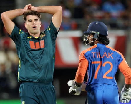 Xavier Bartlett reacts as Tilak Varma runs between the wickets during the third T20 between Australia and India at Bellerive Oval.