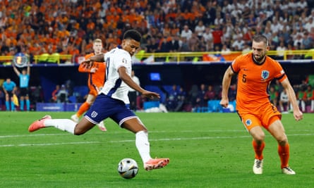 Ollie Watkins scoring England’s late goal against the Netherlands.
