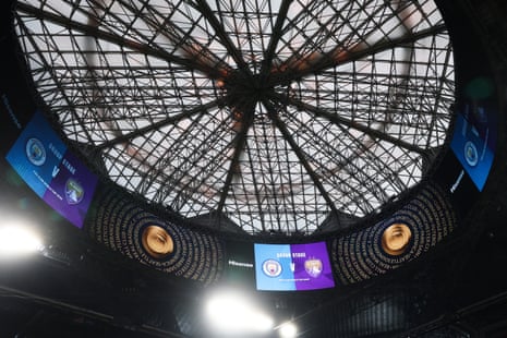 The retractable roof and 360-degree halo video display at the Mercedes-Stadium.
